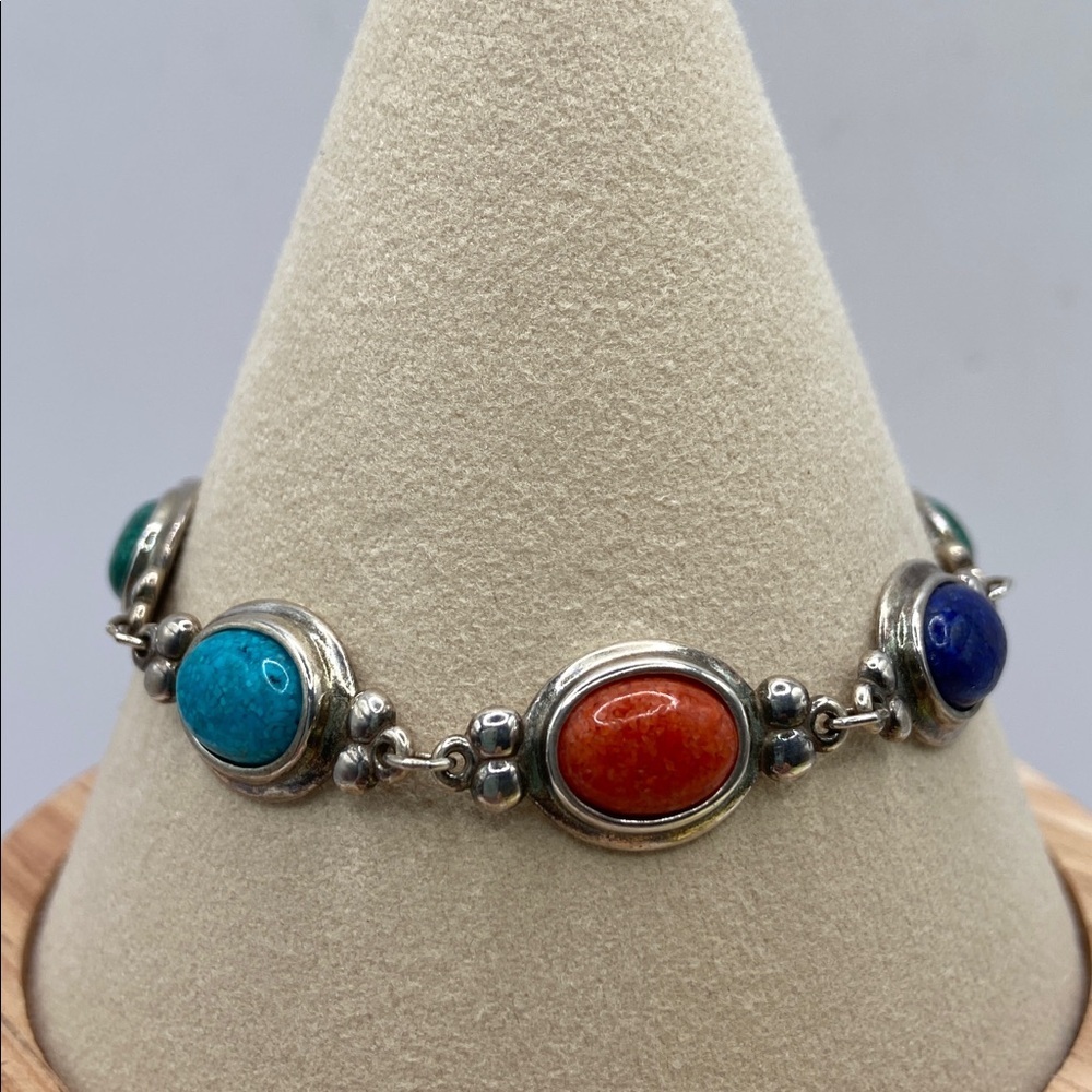 Vintage Coleman Co Black Hills Gold Sterling Silver Link Gemstone Bracelet 7”L